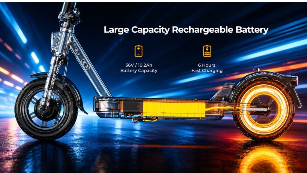 MEGAWHEELS E2 electric scooter featuring a 36V 10.2Ah lithium battery with up to 28 miles of range and 6-hour charging time.