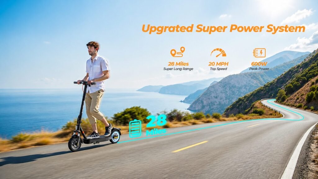 MEGAWHEELS E2 electric scooter featuring a 400W brushless motor with 600W peak power for smooth acceleration and city commuting.