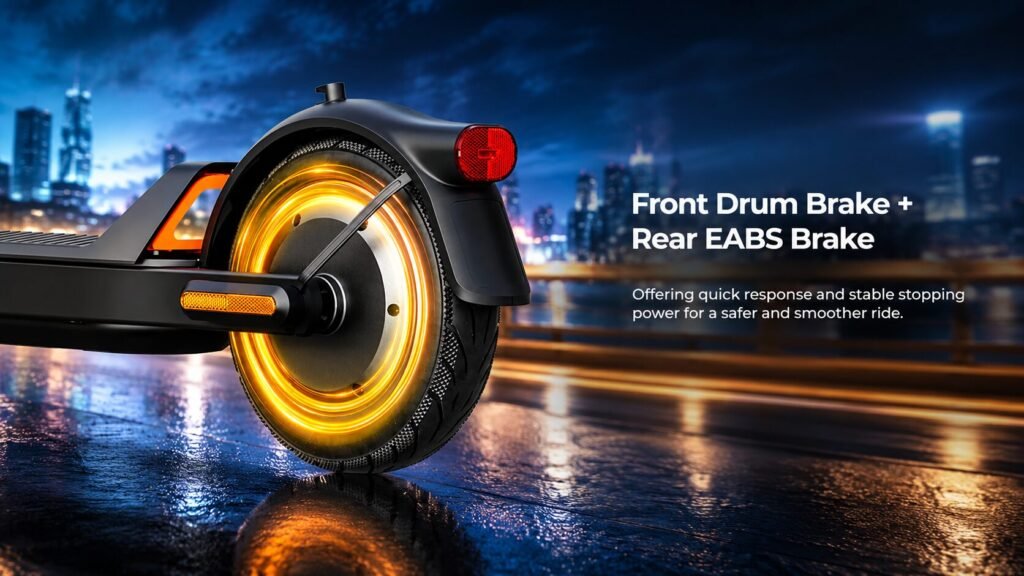 MEGAWHEELS E2 electric scooter with front drum brake, rear EABS, LED headlight, brake light, and handlebar turn signals for safer night rides.