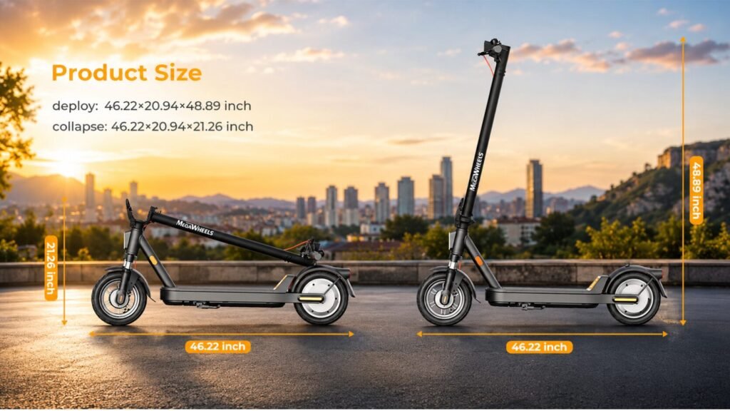 MEGAWHEELS E2 electric scooter showing product dimensions, unfolded height, folded size, and compact storage design.