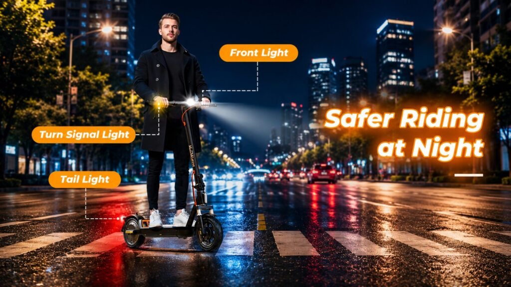 MEGAWHEELS E2 electric scooter with bright front LED headlight, integrated turn signal lights, and rear taillight for safer nighttime riding.