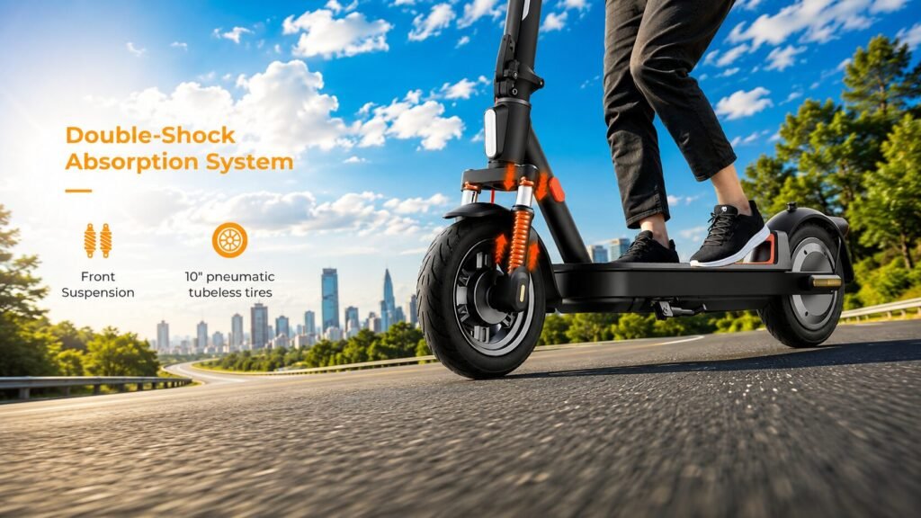 MEGAWHEELS E2 electric scooter with front twin-tube shock absorbers and 10-inch pneumatic tubeless tires for a smoother and more comfortable ride.