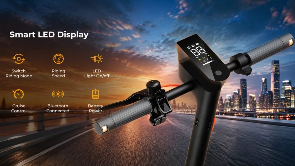 MEGAWHEELS E2 electric scooter featuring a smart LED dashboard display with speed, battery level, riding mode, cruise control, and app connectivity.