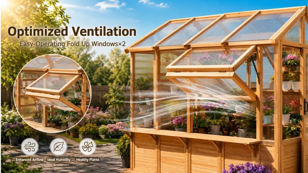 Wooden greenhouse with two fold-up ventilation windows open, allowing fresh air circulation to maintain ideal humidity and support healthy plants in a sunny garden.