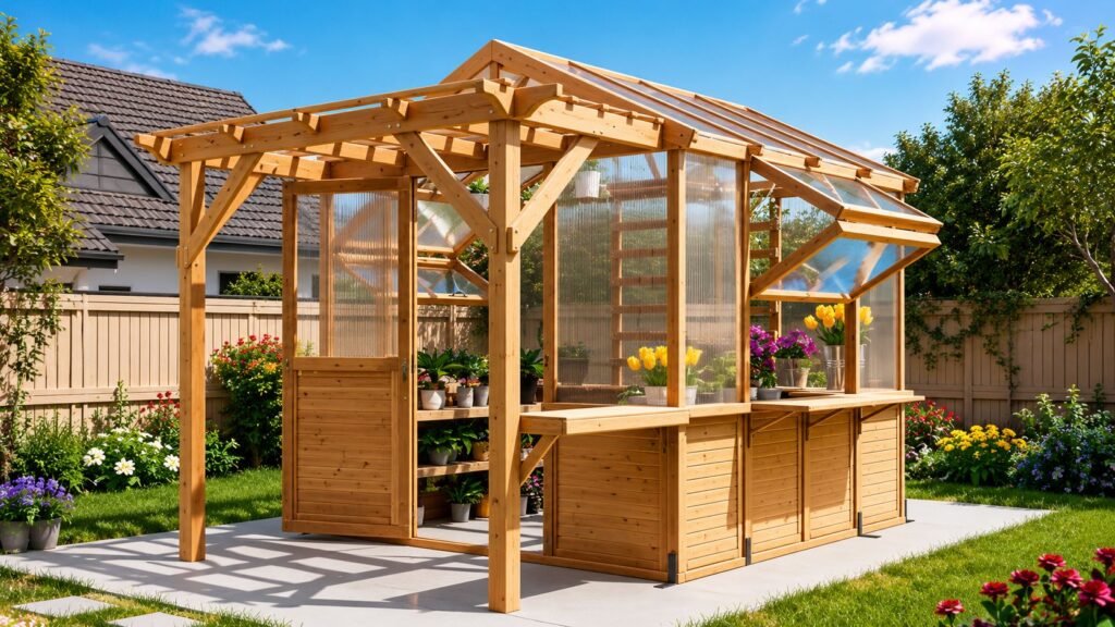 Premium wooden greenhouse featuring an attached pergola, open ventilation windows, clear polycarbonate panels, and a spacious interior filled with flowering plants.