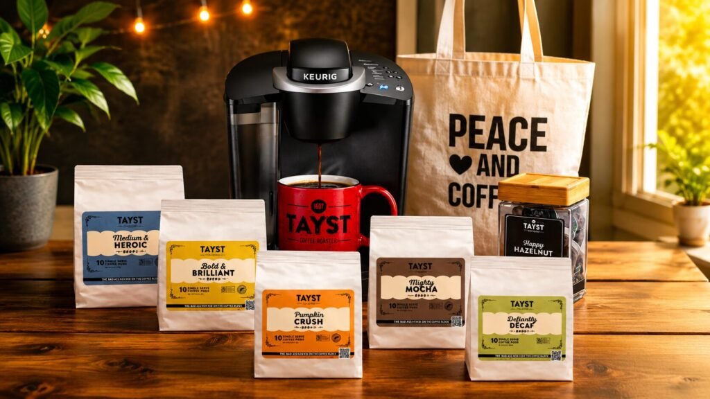 Tayst Coffee Starter Bundle with deep roasted coffee in fully compostable coffee pods compatible with Keurig coffee makers.