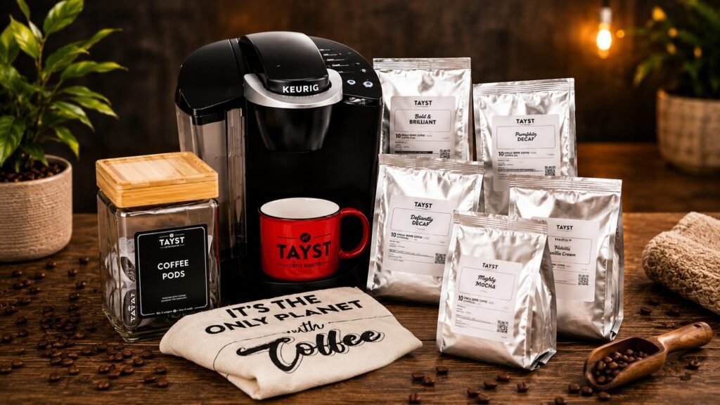 Tayst compostable coffee pods with bioresin ring and organic mesh bottom for Keurig brewing systems.