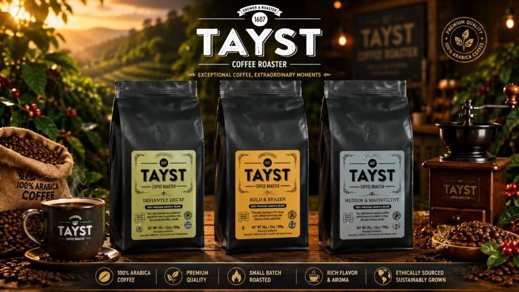 Tayst whole bean coffee made from premium deep roasted beans for fresh grinding and rich flavor.