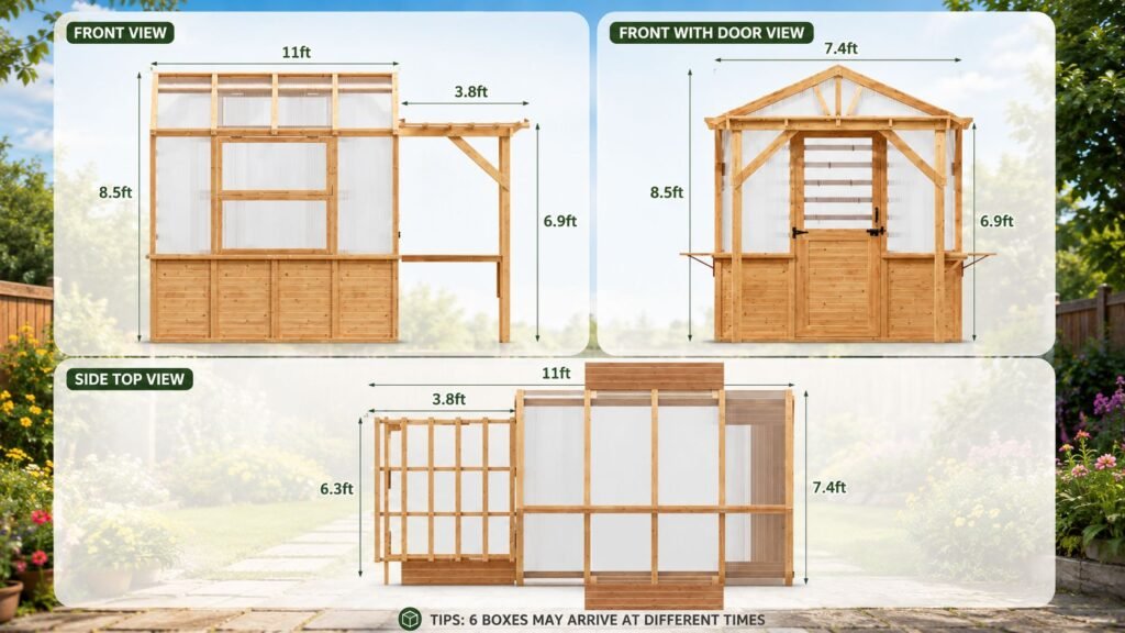 Technical dimension diagram of a wooden greenhouse displaying front, front with door, and side views with labeled measurements, including an attached pergola extension.
