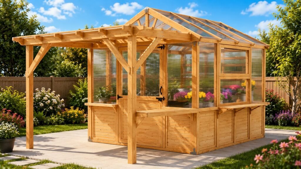 Premium wooden greenhouse with a natural spruce wood frame, attached pergola, clear polycarbonate panels, and a bright interior filled with flowering plants in a backyard garden.