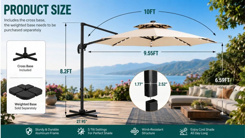 Product dimensions diagram of the Ainfox 10ft double-top cantilever patio umbrella showing canopy size, overall height, and cross base measurements.