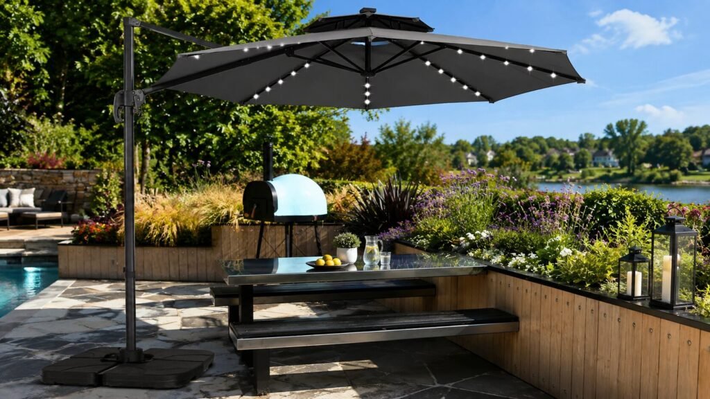 Ainfox 10ft double-top cantilever patio umbrella with solar lights, aluminum frame, cross base, and 360° rotating outdoor sun shade.