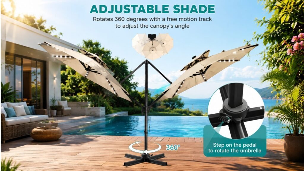 Ainfox 10ft cantilever patio umbrella featuring a foot pedal for 360-degree rotation and a crank handle with five adjustable tilt angles.