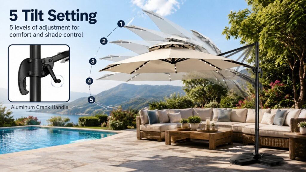 Close-up of the Ainfox cantilever umbrella crank handle with five-position tilt adjustment for blocking low-angle sun during morning and sunset.