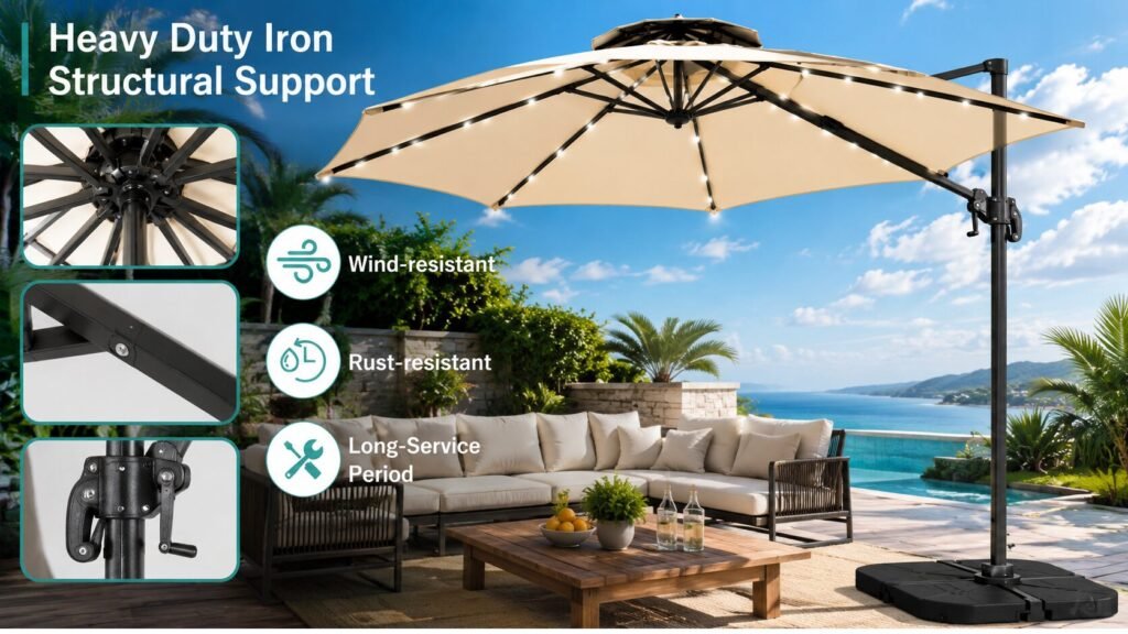 Ainfox cantilever umbrella featuring a powder-coated aluminum pole and 8 reinforced steel ribs for enhanced wind resistance and durability.