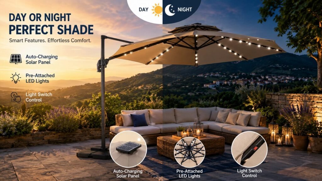 Ainfox 10ft cantilever patio umbrella with 32 solar-powered LED lights, rooftop solar panel, and illuminated steel ribs for outdoor evening use.