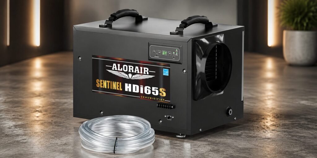 AlorAir Sentinel HDi65S 120 PPD black crawl space dehumidifier with built-in pump and drain hose for areas up to 1,300 square feet.