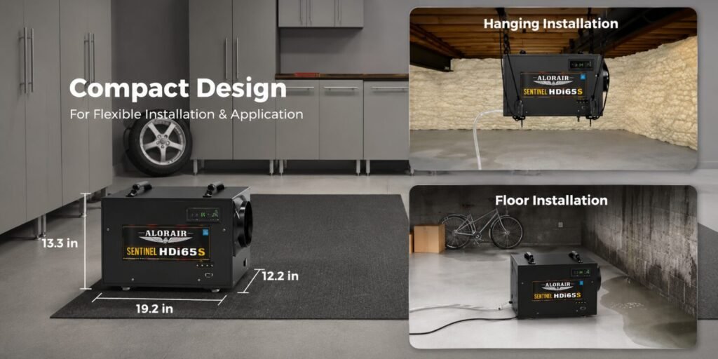 AlorAir Sentinel HDi65S compact crawl space dehumidifier installed in a low-clearance crawl space using an optional hanging kit.