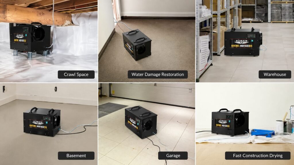 AlorAir Sentinel HDi65S crawl space dehumidifier installed with drain hose, power supply, and proper airflow clearance in a residential crawl space.