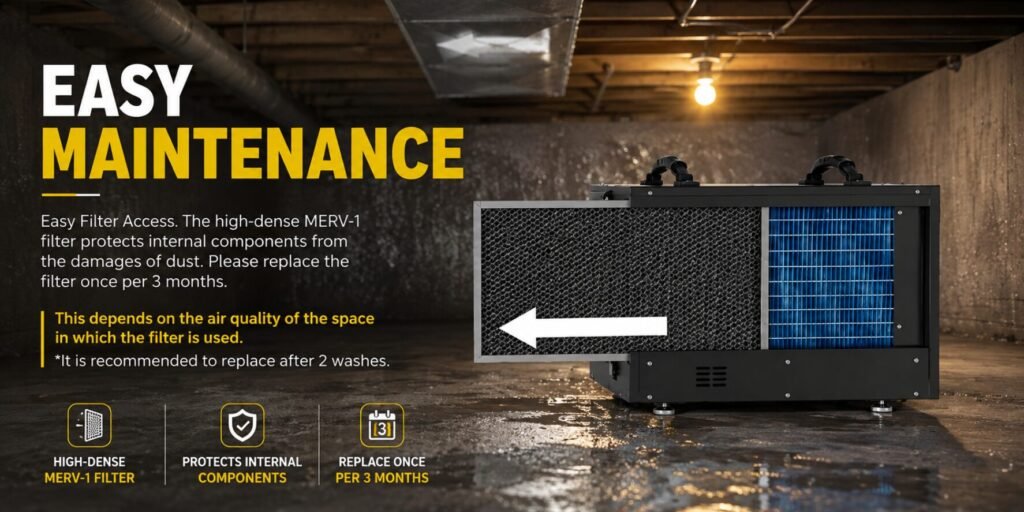 AlorAir Sentinel HDi65S crawl space dehumidifier maintenance setup showing air filter cleaning, drain hose inspection, and routine servicing.