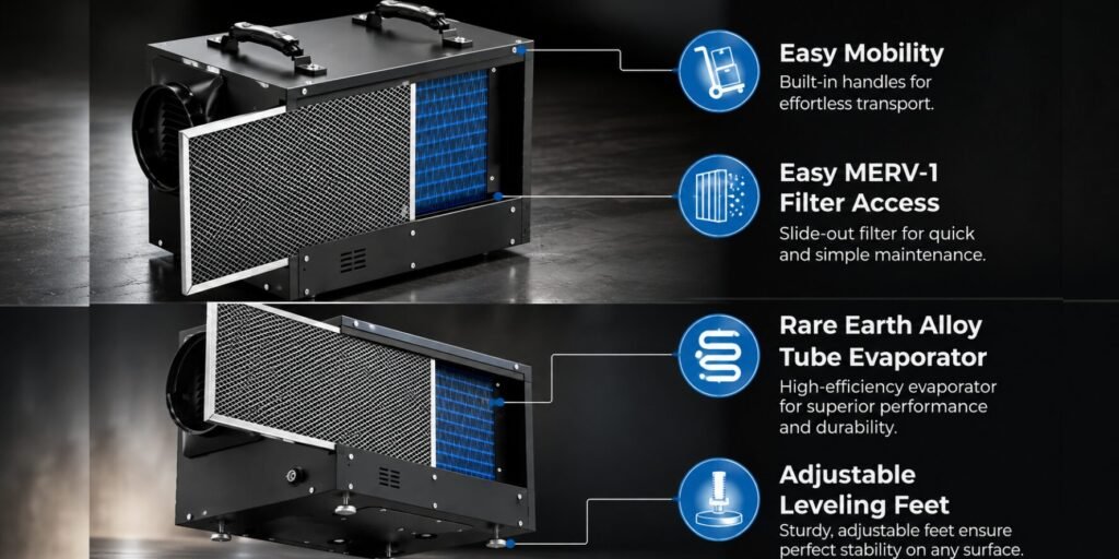 AlorAir Sentinel HDi65S Rare Earth Alloy Tube Evaporator with corrosion-resistant coating for reliable crawl space and basement dehumidification.
