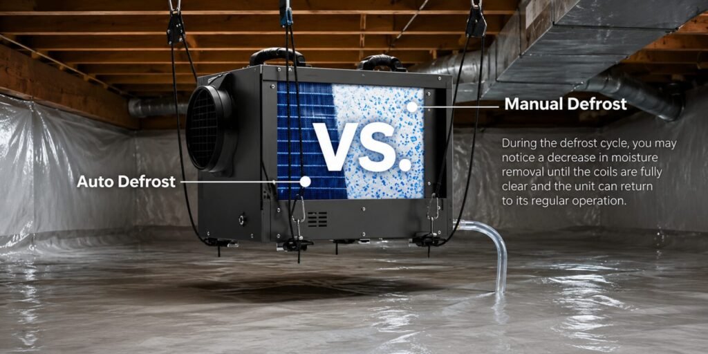 AlorAir Sentinel HDi65S smart auto-defrost system operating in a cold crawl space to prevent coil icing and maintain efficient dehumidification.