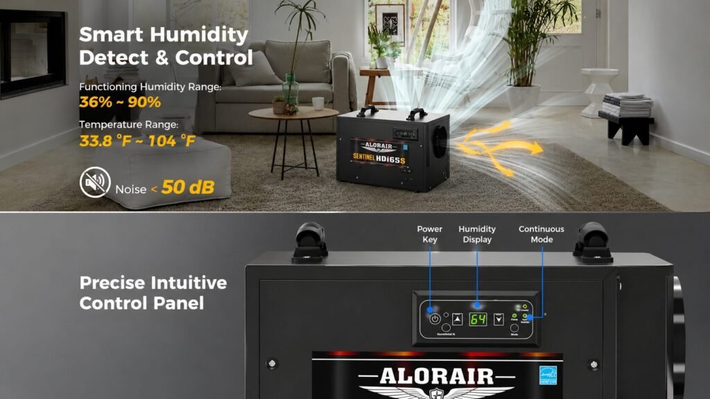 AlorAir Sentinel HDi65S smart humidity detection system automatically controlling crawl space humidity with a digital humidity sensor.