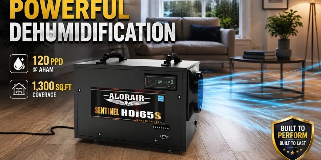 Comparison chart of AlorAir Sentinel HDi65S, Santa Fe, and AprilAire 120 PPD crawl space dehumidifiers showing features, performance, and value.