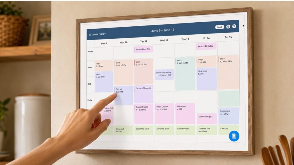 Close-up of a hand using the Apolosign 27-inch digital calendar touchscreen to manage a family schedule
