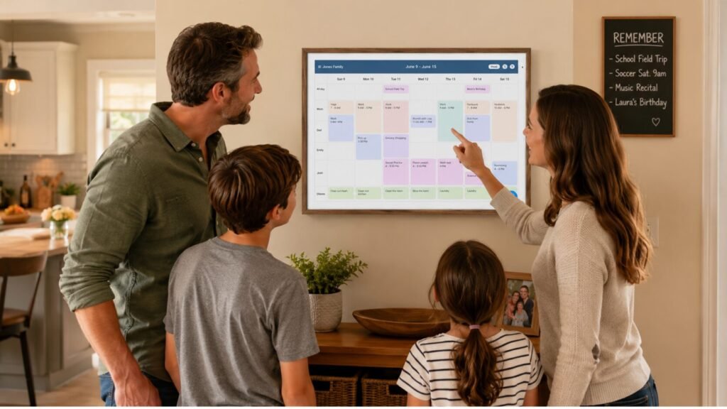 Family using an Apolosign 27-inch digital calendar in a kitchen home command center