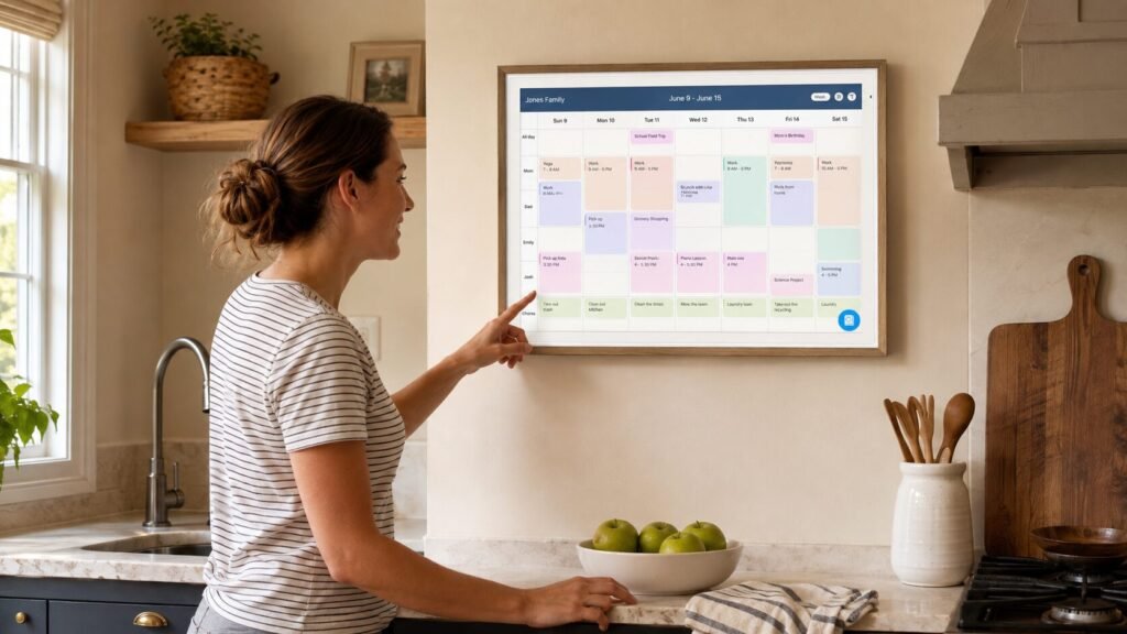 A woman using an Apolosign 27-inch digital family calendar mounted on a kitchen wall