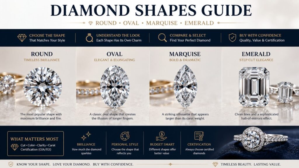 Diamond shape comparison showing round, oval, marquise, and emerald cuts.