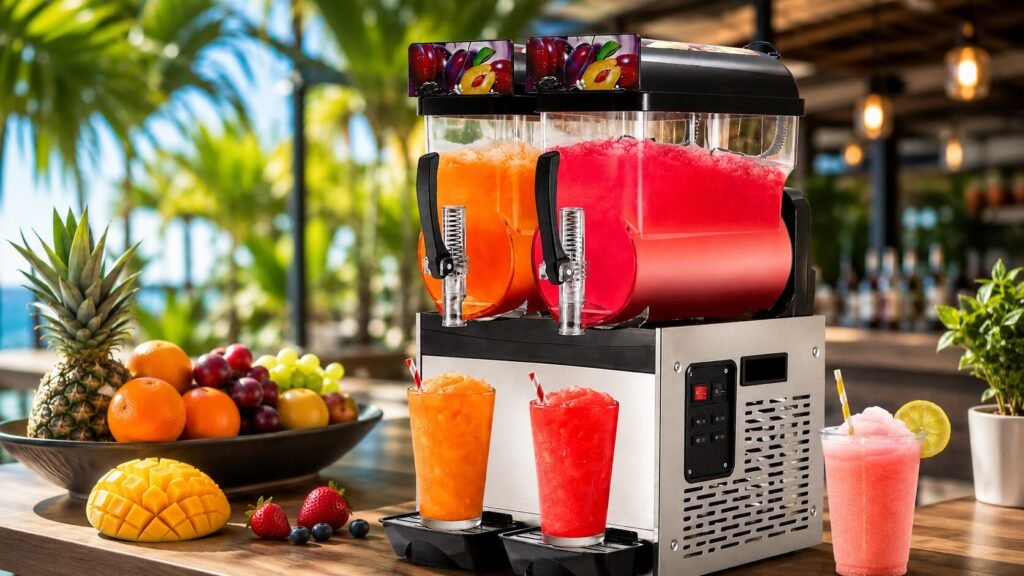 Garvee 30L commercial slushy machine with stainless steel body producing frozen margaritas, smoothies, and cocktails.