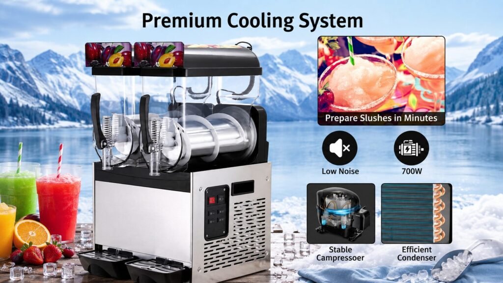 Garvee 30L commercial slushy machine with 700W compressor and high-efficiency cooling system for fast slush production.