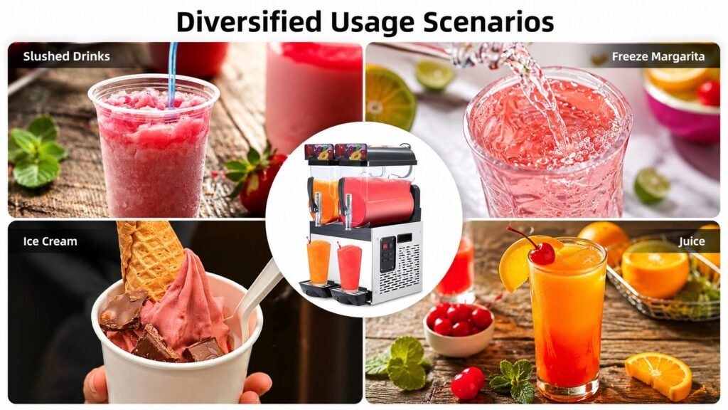 Garvee dual-tank commercial slushy machine serving slush drinks, frozen margaritas, ice cream, and fresh juice in multiple beverage applications.