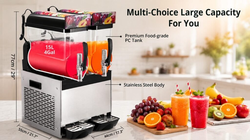 Garvee dual-tank commercial slushy machine with independent controls serving frozen slush and chilled beverages simultaneously.