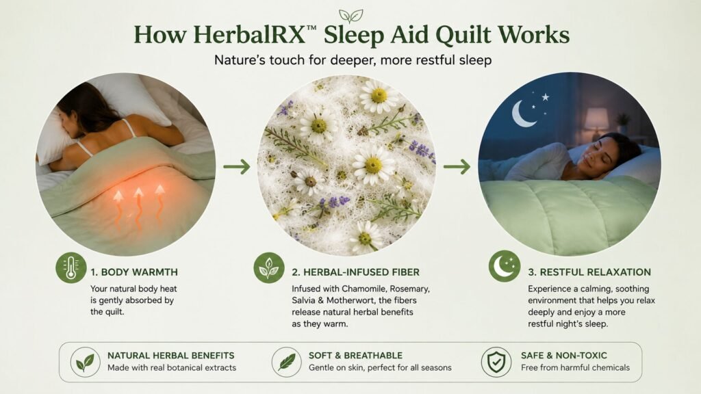 Infographic showing body warmth, herbal-infused fiber, and intended nighttime relaxation experience.