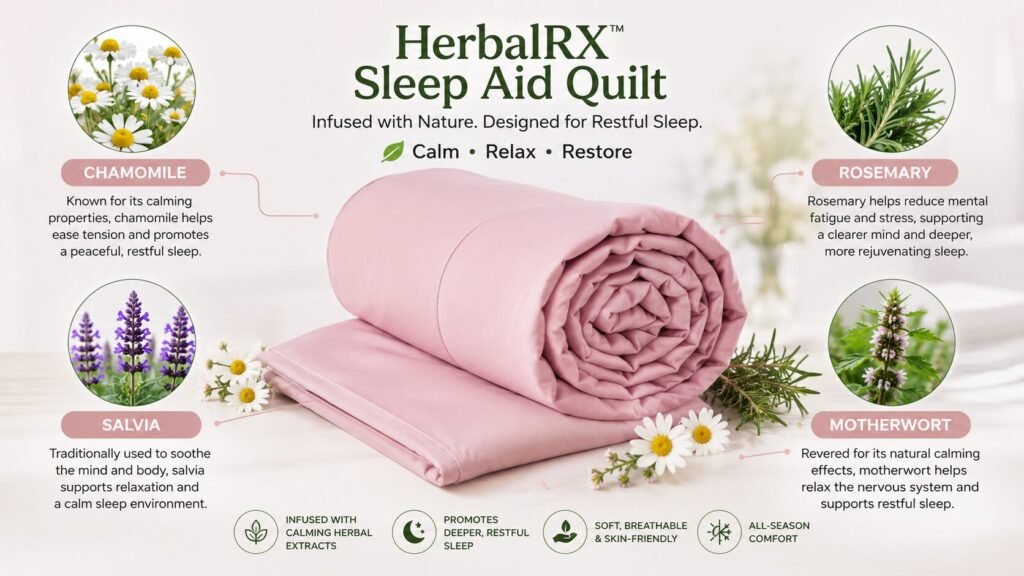 Infographic showing Chamomile, Rosemary, Salvia, and Motherwort around the HerbalRX™ quilt.