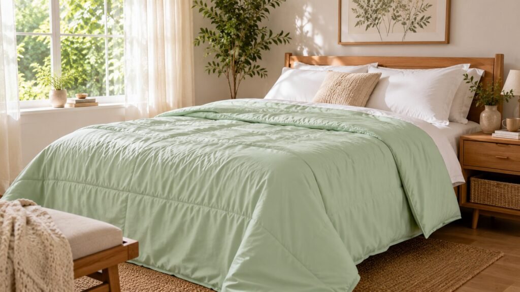 Cozy bedroom featuring the HerbalRX™ Sleep Aid Quilt in natural daylight.