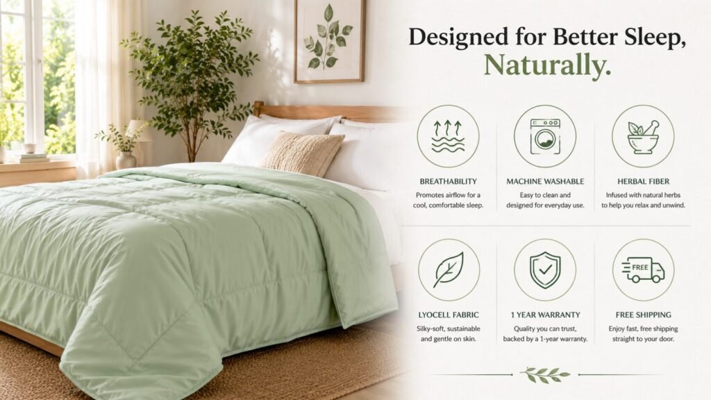 Infographic with icons for breathability, machine washable design, herbal fiber, Lyocell fabric, warranty, and free shipping.
