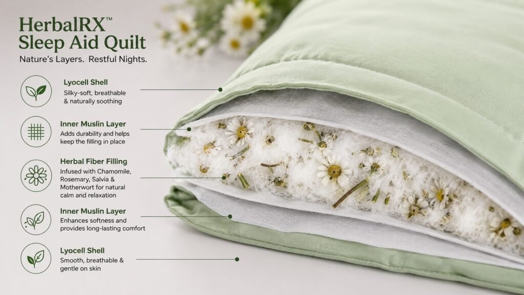 Close-up of HerbalRX™ quilt herbal fiber filling and layered construction.