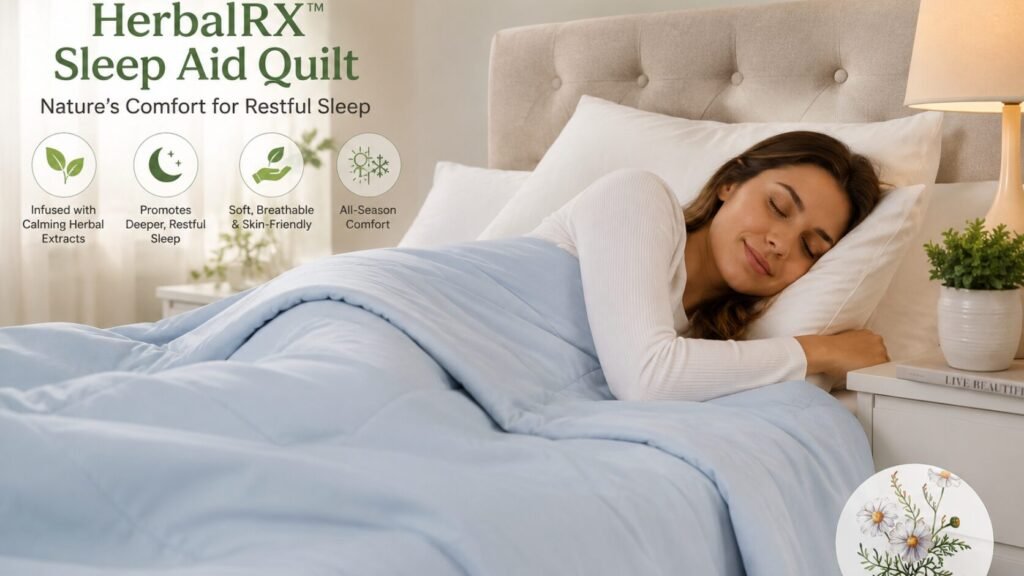 Person sleeping comfortably beneath the HerbalRX™ Sleep Aid Quilt in a modern bedroom.