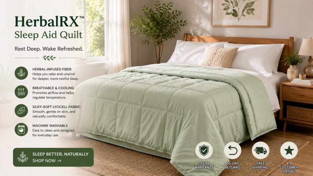HerbalRX™ Sleep Aid Quilt neatly arranged on a calming bedroom bed.