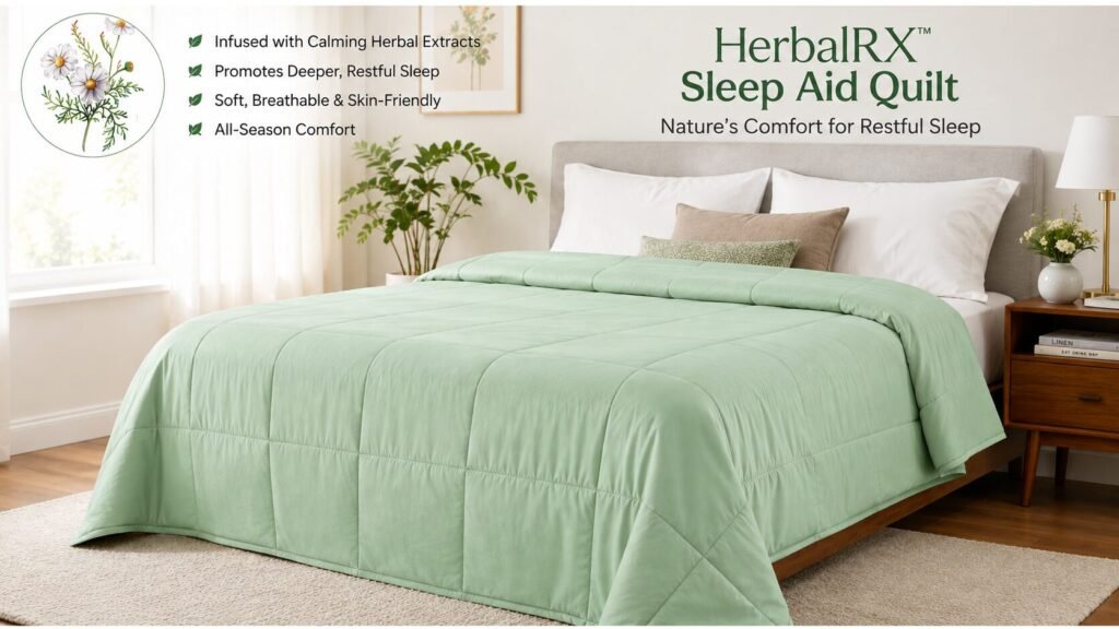 HerbalRX™ Sleep Aid Quilt neatly arranged on a modern bed in a bright bedroom.