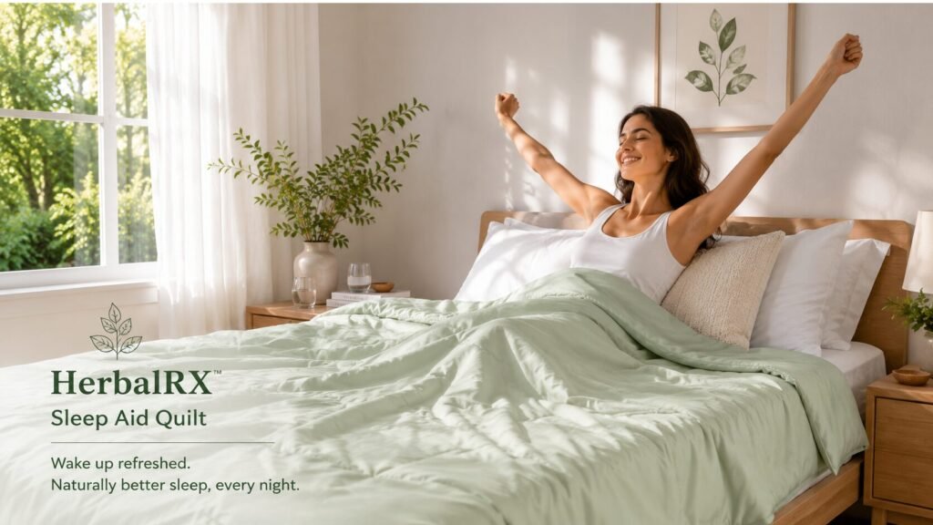 Person waking up refreshed in a bright modern bedroom with the HerbalRX™ Sleep Aid Quilt.