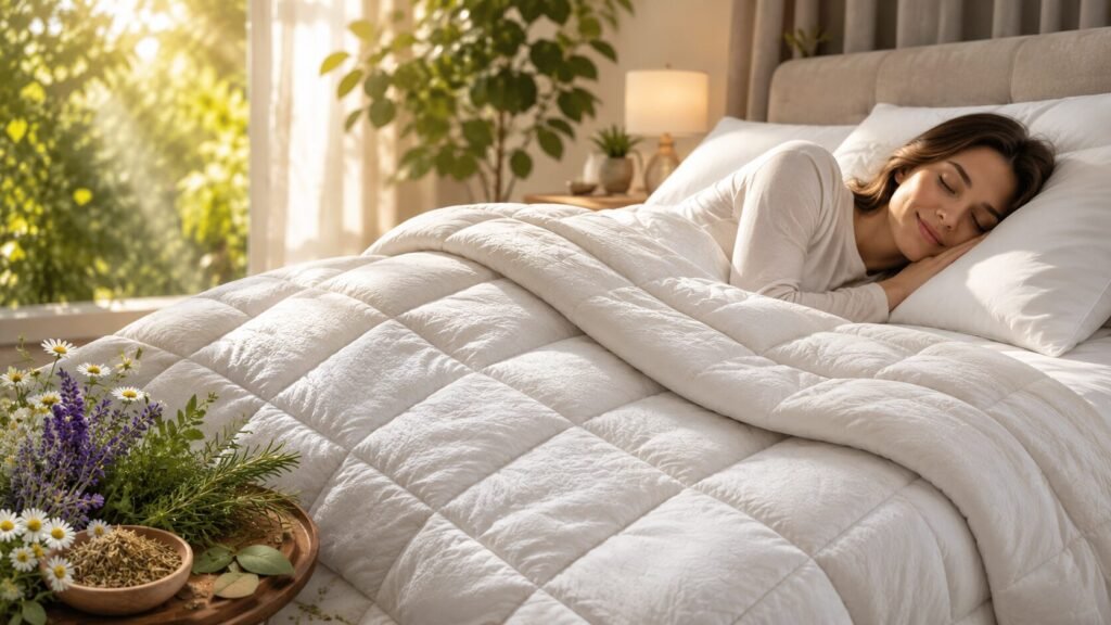 HerbalRX Sleep Aid Quilt on a comfortable bed in a peaceful bedroom
