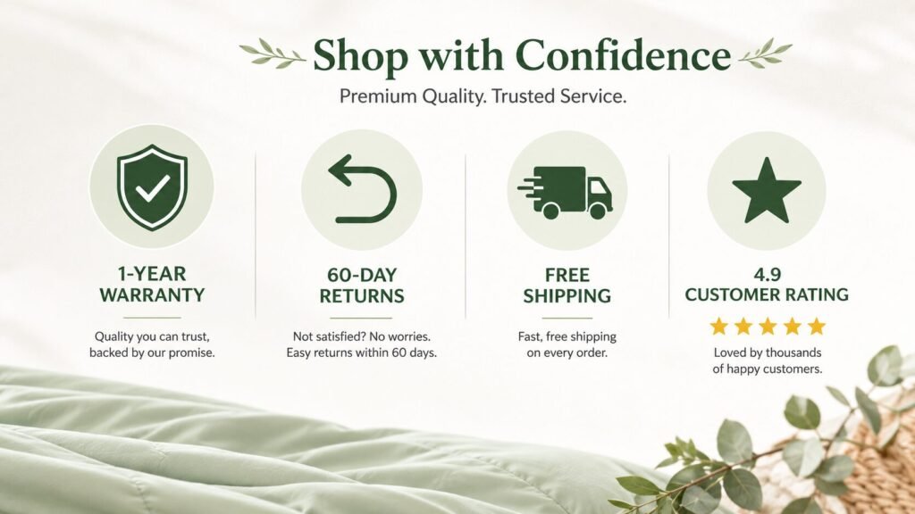 Graphic showing 1-Year Warranty, 60-Day Returns, Free Shipping, and 4.9 Customer Rating.
