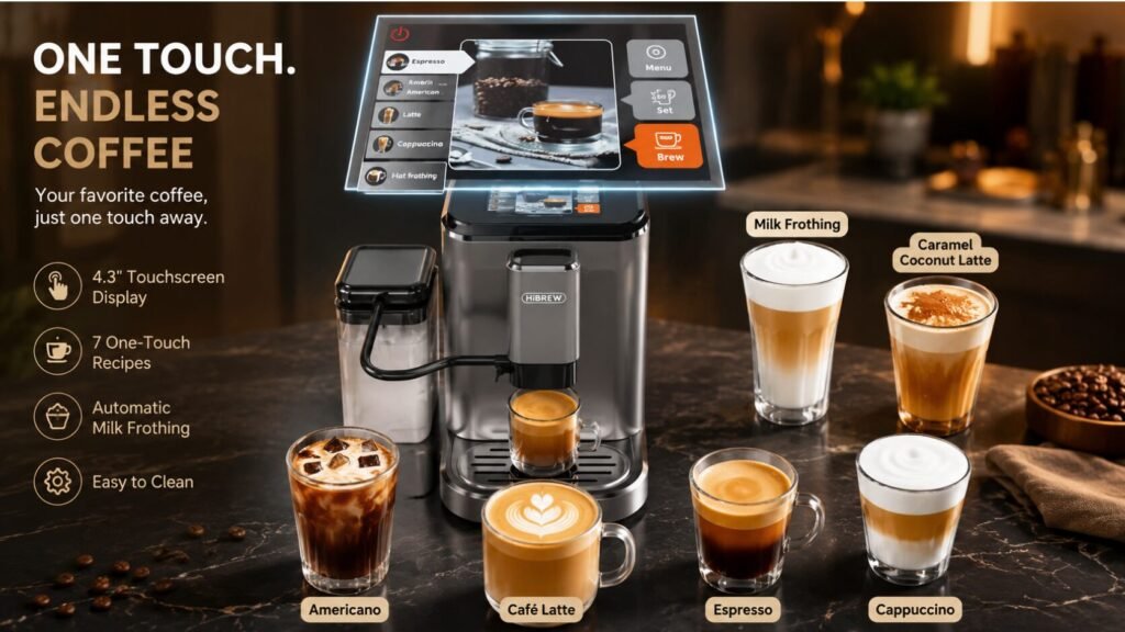 HiBREW H16 4.3 inch touchscreen display showing coffee drink options