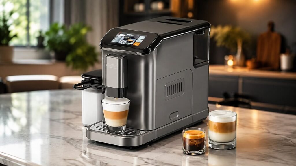 HiBREW H16 fully automatic espresso machine with built-in grinder, milk frother, touchscreen display, and freshly brewed latte in a modern kitchen setting.