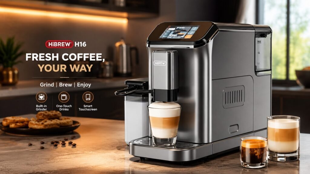 HiBREW H16 budget super automatic espresso machine with coffee cup